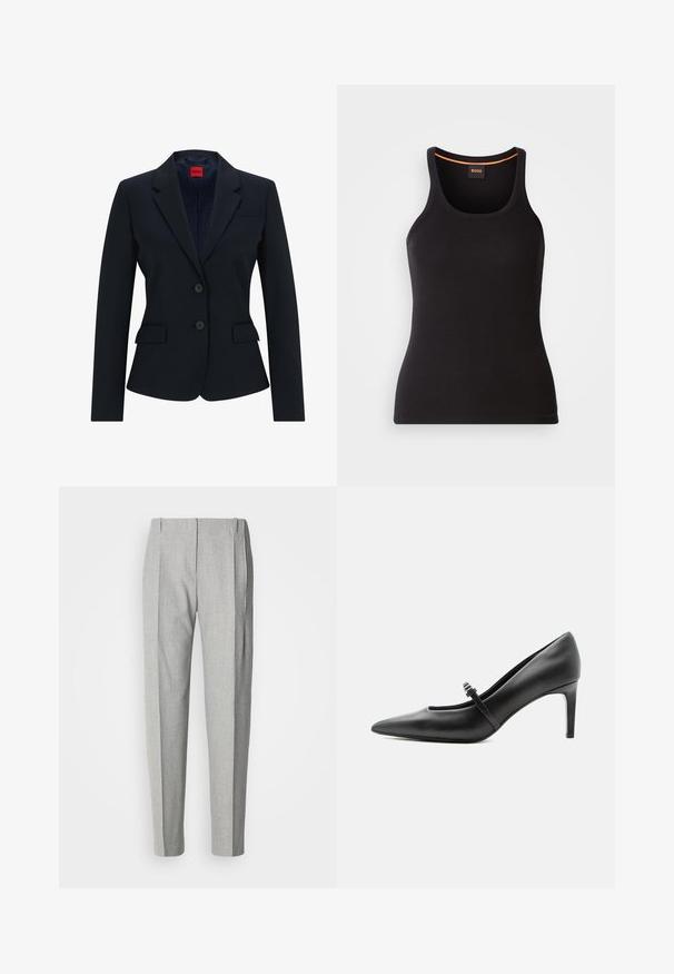 Marineblå blazer i skræddersyet design med smal krave, to-knaps lukning og to frontlommer. Foring med logo mønster.; Sort ribbet tanktop med rund halsudskæring. Har en tætsiddende pasform og orange detaljer ved halsen. Brandlogo subtilt broderet på fronten.; Lysegrå, plisserede bukser med en skræddersyet pasform. Har et tekstureret stof, sidelommer og et klassisk design med lige ben.; Sort læderspids højhælede sko med tynd rem og spænde over vristen, stående på en neutral lys baggrund.