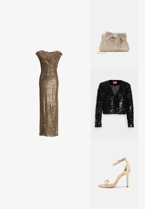 Veste cropped noire en sequins avec des manches longues, dotée d'un décolleté en V, d'une texture douce et d'un détail de nouage à l'avant. Intérieur doublé sans motifs supplémentaires.; Robe de soirée sans manches en sequins dorés avec un décolleté en V et un effet cache-cœur, silhouette longue ajustée.; Anna Field by Zalando Sandales à talons hauts - gold; Pochette en or métallisé avec tissu plissé, dotée d'un nœud en haut et d'une bandoulière en chaîne dorée pour une polyvalence et une facilité de transport.
