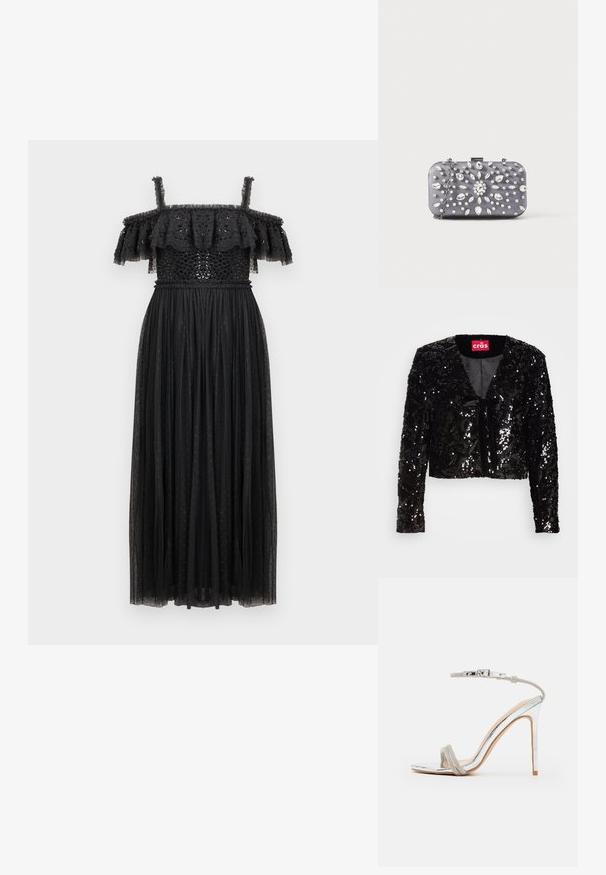 Veste cropped noire en sequins avec des manches longues, dotée d'un décolleté en V, d'une texture douce et d'un détail de nouage à l'avant. Intérieur doublé sans motifs supplémentaires.; Robe maxi noire à épaules dénudées, avec un décolleté à volants en étages, un corsage ajusté orné de sequins, et une jupe fluide en transparent à pois.; Sandale à talon haut argenté avec une fine sangle à la cheville, une sangle supérieure ornée, un bout en amande et une finition brillante, miroir.; Petit sac pochette rectangulaire gris foncé orné de strass clairs disposés en motif rayonnant, avec une bandoulière chaîne argentée.