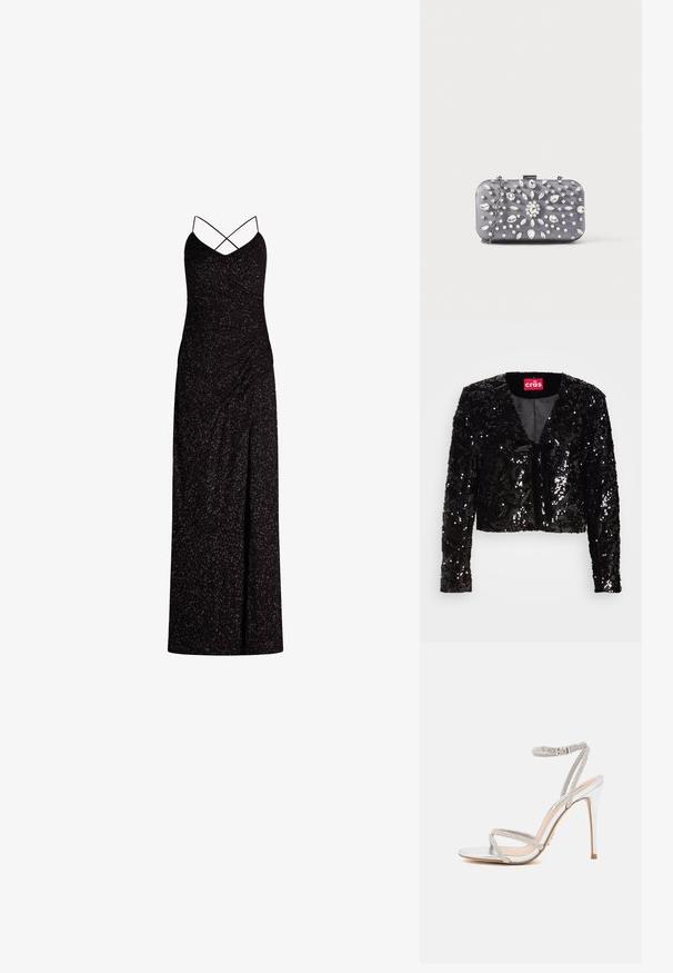 Veste cropped noire en sequins avec des manches longues, dotée d'un décolleté en V, d'une texture douce et d'un détail de nouage à l'avant. Intérieur doublé sans motifs supplémentaires.; Robe de soirée noire avec des bretelles croisées, texture froncée et fente sur le côté, faite d'un tissu scintillant qui capte la lumière.; Sandale à talons hauts en argent avec des fines lanières, ornée de strass, présentant un design épuré et un bout pointu.; Petit sac pochette rectangulaire gris foncé orné de strass clairs disposés en motif rayonnant, avec une bandoulière chaîne argentée.