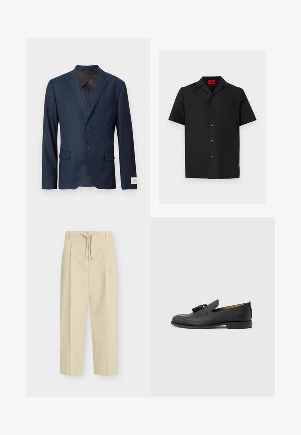 Blazer bleu marine à deux boutons, col cranté, poches à rabat à l'avant et une étiquette blanche sur le revers de la manche.; Chemise noire à manches courtes avec boutons, col camp et une étiquette rouge « HUGO » à l'intérieur de l'encolure ainsi qu'une petite étiquette rouge sur le bas côté.; Pantalon beige droit avec passants pour ceinture et nouage à l'avant, présentant un design épuré et ajusté ainsi qu'un tissu texturé.; Mocassin pour homme en cuir noir avec pompons, bout arrondi, petit talon et languette à l'arrière, présenté de profil sur un fond gris clair.