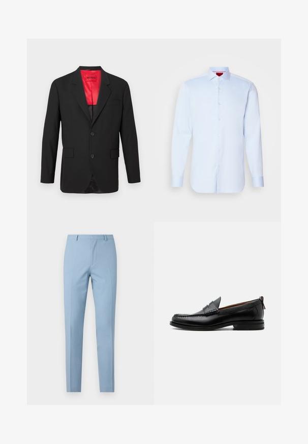 Blazer noir en tissu léger, avec une doublure en satin rouge, deux boutons à l'avant et deux poches latérales avec une poche poitrine.; Chemise à manches longues, bleu clair, avec un col évasé, un ourlet arrondi et des boutons blancs. Tissu lisse avec un éclat subtil.; Pantalon ajusté bleu clair avec une coupe slim, texture lisse, pli devant, taille cintrée et passants de ceinture. Pas de poches visibles.; Mocassin homme en cuir noir avec couture moc toe, bride penny, col texturé et petit talon empilé sur fond blanc.