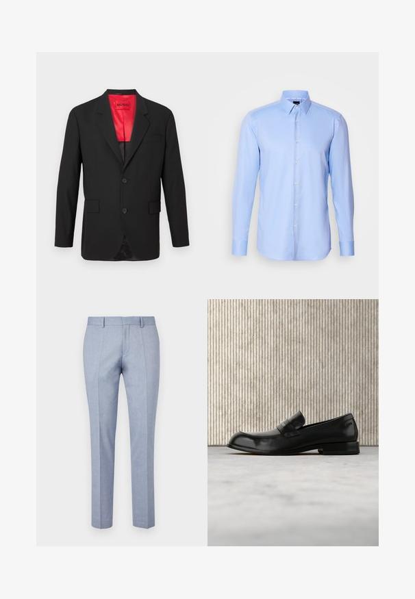 Blazer noir en tissu léger, avec une doublure en satin rouge, deux boutons à l'avant et deux poches latérales avec une poche poitrine.; Chemise à manches longues bleu clair, boutonnée, en tissu texturé avec un col pointu et une fermeture classique à boutons à l'avant.; Pantalons ajustés bleu clair avec une texture de tissu lisse, dotés d'un devant plat, de deux poches frontales et d'un design slim.; Mocassin en cuir noir avec un accent métallique, présenté en lévitation au-dessus d'un tapis beige, avec une table ronde de couleur ambre en arrière-plan.