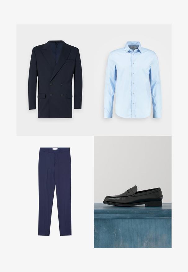 Marineblauer doppelt gefütterter Blazer aus glattem Stoff, mit abgesetzten Revers, zwei Fronttaschen und Zwei-Knopf-Verschluss.; Helles blaues Langarm-Hemd mit Knopfleiste, aus glattem Stoff gefertigt, mit spitzem Kragen, Vorderknopfleiste und abgerundetem Saum.; Marineblau Anzughose aus glattem Stoff, mit geradem Bund, zwei Seiten- und einem Reißverschluss, sowie einem schlichten Saum ohne Muster oder Akzente.; Schwarze Leder-Loafer mit schlankem Design, ausgestattet mit einer abgesteppten Zehe und einer glatten Oberfläche. Der Schuh verfügt über einen flachen Absatz und minimale Verzierungen.