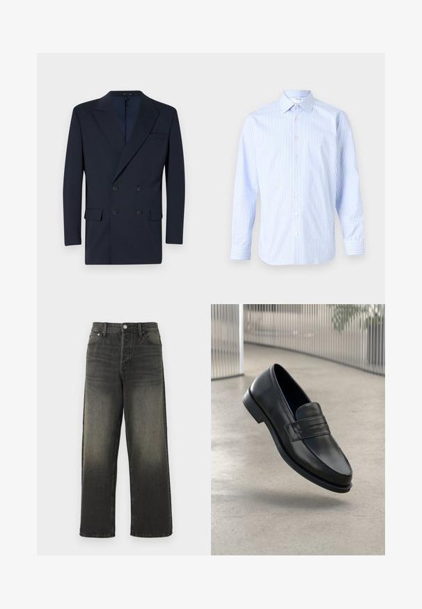 Marineblauer doppelt gefütterter Blazer aus glattem Stoff, mit abgesetzten Revers, zwei Fronttaschen und Zwei-Knopf-Verschluss.; Himmelblau und weiß gestreiftes langärmliges Hemd mit klassischem Kragen, Knopfverschluss vorne und Manschetten, aus einem glatten Stoff gefertigt.; Schwarze Jeans aus Denim mit lockerer Passform, hoher Taille, silbernen Hardware-Details und einer verwaschenen Textur mit subtilen Falten. Gerade Beine ohne Verzierungen.; Schwarzer Lederloafer mit glatter Textur, spitzer Zehe und einem dekorativen Riemen über dem Rist. Leichte Sohle, minimalistisches Design.