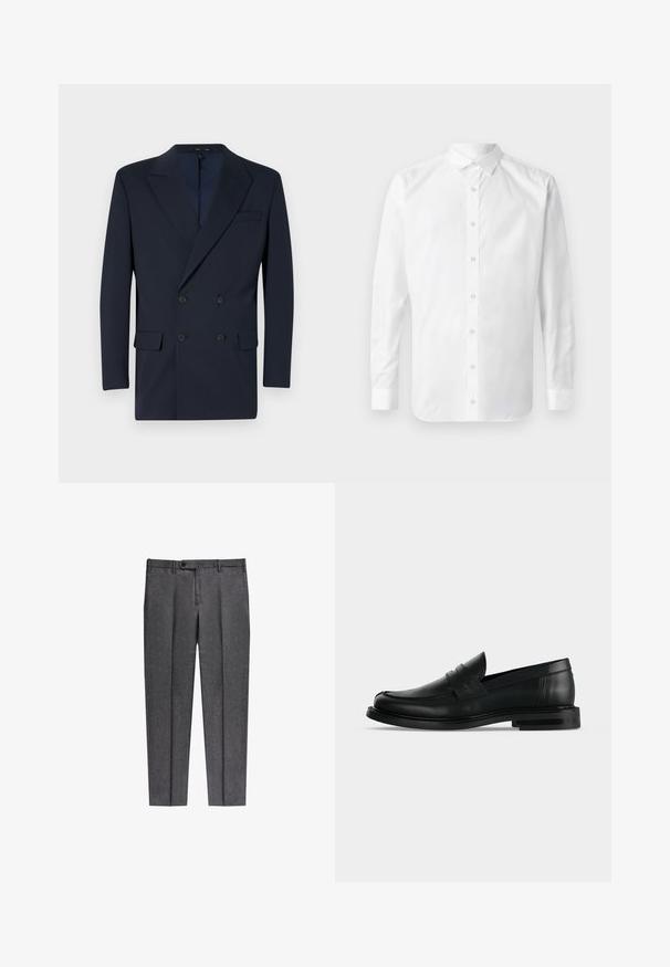 Marineblauer doppelt gefütterter Blazer aus glattem Stoff, mit abgesetzten Revers, zwei Fronttaschen und Zwei-Knopf-Verschluss.; Weißes Langarm-Hemd mit klassischem Kragen, Knopfleiste und glatter Baumwolltextur.; Graue, maßgeschneiderte Hosen aus einem strukturierten Stoff, mit Knopfverschluss, vorderen Falten und geraden Beinen.; Schwarzer Leder-Pennyloafer für Herren mit niedrigem, gestapeltem Absatz und abgerundetem Zehenbereich, von der Seite auf hellgrauem Hintergrund gezeigt.