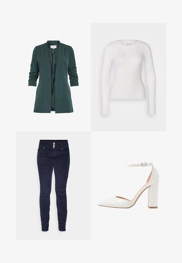 Blazer ajusté vert avec une texture lisse et des manches trois-quarts froncées. Comprend une ouverture avant et une doublure en satin.; Haut à manches longues blanc en tissu côtelé avec un col rond. Le tissu est lisse, avec une texture subtile et une coupe ajustée. Pas de matériel ou de motifs visibles.; Pantalons en velours côtelé bleu marine au design ajusté, avec cinq poches et une taille haute. Présente trois boutons argentés comme fermeture à l'avant et une texture côtelée.; Chaussure à talon aiguille en cuir verni blanc avec un côté ouvert, bout pointu, bride de cheville avec boucle et talon épais.