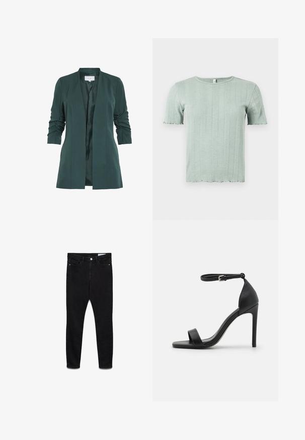 Blazer ajusté vert avec une texture lisse et des manches trois-quarts froncées. Comprend une ouverture avant et une doublure en satin.; Haut tricoté à manches courtes vert clair avec côtes verticales et détails subtils en œillets, doté d'un col rond et de bords légèrement froncés.; Jeans skinny noirs taille haute avec bouton et fermeture éclair à l’avant, deux poches avant et deux poches arrière, présentés à plat sur fond blanc.; Sandale noire à talons hauts au design épuré, avec une bride au niveau de la cheville, un bout ouvert et une texture en cuir lisse.