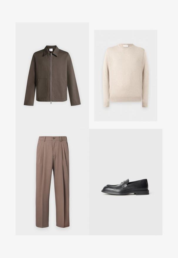 Veste marron zippée, manches longues, col pointu et deux poches plaquées devant sur fond gris clair.; Pull beige à manches longues avec col rond, poignets et ourlet côtelés, présenté sur un fond clair uni.; Pantalon plissé marron avec passants de ceinture, fermeture à boutons sur le devant et fermeture éclair, présenté sur un fond blanc.; Mocassins en cuir noir avec une finition texturée, dotés d'une bride décorative à l'avant et d'un bout arrondi. Semelle en caoutchouc pour plus de durabilité.