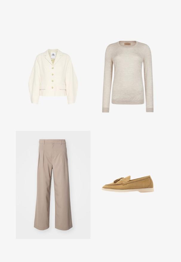 Cremefarvet cropped jakke med en struktureret krave, lange ærmer og store knapper. Har for lommer og et tekstureret stof.; Langærmet crewneck-trøje i lysebeige, lavet af fint strikket stof med ribstrikkede manchetter og kant.; Beige brede bukser med læg, lavet af glat stof. Har en mellemhøj talje og en ren, skræddersyet silhuet.; Suedesko i tan med en rund tå. Har en dekorativ kvast på overdelen og en let cremet sål. Blødt materiale overalt.