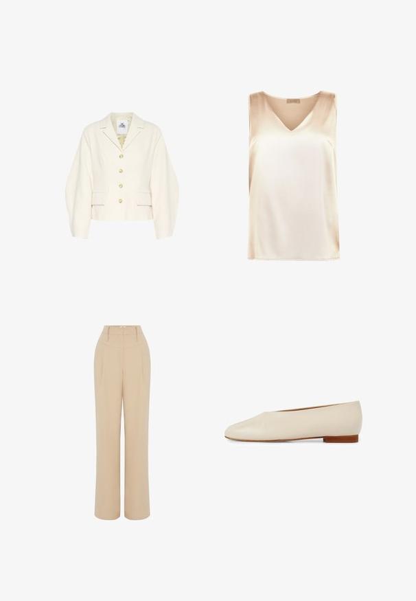Cremefarvet cropped jakke med en struktureret krave, lange ærmer og store knapper. Har for lommer og et tekstureret stof.; Beige ærmeløs top lavet af glat stof med v-hals design og lige kant. Minimalistisk stil uden yderligere mønstre eller accenter.; Beige vidde bukser med høj talje, der har forklaringer foran og bæltestropper. Glat stof med en skrædderlavet, lige pasform.; Beige læder flad sko med spids tå design, minimalistsk form og en kort træhæl for stabilitet og komfort.