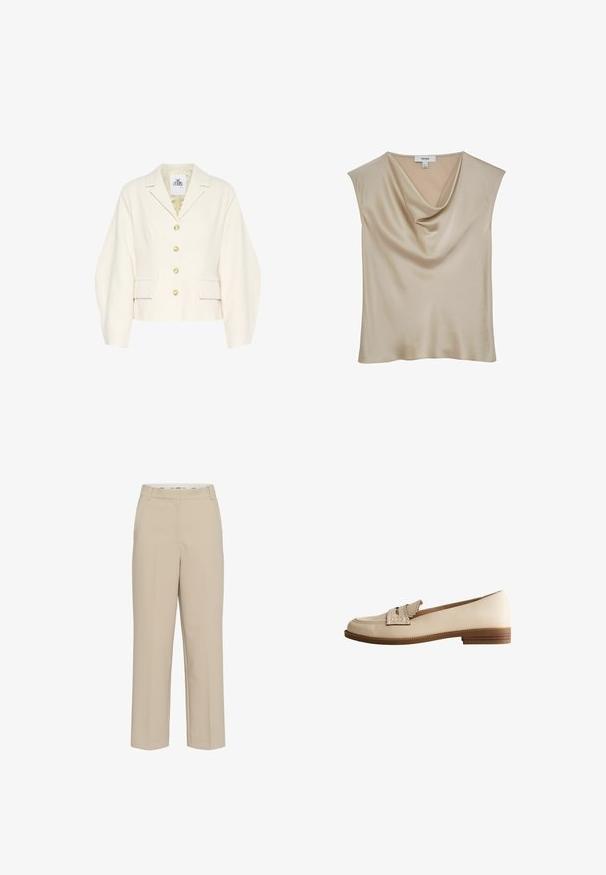 Cremefarvet cropped jakke med en struktureret krave, lange ærmer og store knapper. Har for lommer og et tekstureret stof.; Beige satinærmløs bluse med kaskadeudskæring, mærket "REISS", vist mod en hvid baggrund.; Beige skræddersyede bukser med lige ben, med bæltestropper og en skjult frontlukning, præsenteret på en hvid baggrund.; Beige læderloafer med bølget stropdetalje og lav stablet træhælkappe, sidevisning på hvid baggrund.