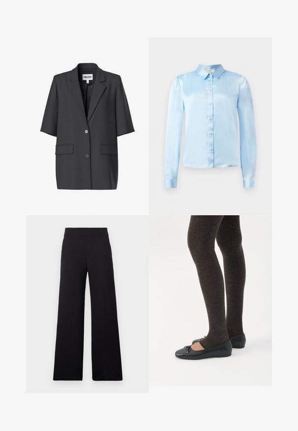 Blazer noir à manches courtes avec revers à crans, deux boutons devant et poches à rabat, étiqueté « PIECES » à l'intérieur du col.; Chemise bleu clair à manches longues en satin, avec un col, une rangée de boutons sur le devant et des poignets ajustés.; Pantalon noir à jambes larges avec une taille ajustée et un devant lisse, présenté sur un fond clair uni.; Jambes portant des leggings côtelés foncés associés à des ballerines noires avec de petits détails en nœud sur fond blanc.
