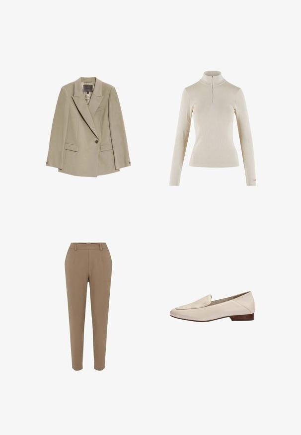 Blazer beige à bouton unique avec larges revers, deux poches à rabat à l'avant et une poche poitrine passepoilée, doté d'une doublure intérieure à motif.; Un haut à manches longues couleur beige clair en tissu côtelé, doté d'une fermeture éclair quart de zip au cou et d'une coupe ajustée.; Pantalons marron ajustés, avec un design à jambes droites, une texture lisse, des poches avant et une taille avec passants de ceinture.; Mocassin en cuir beige avec petit talon en bois et bout carré arrondi, vue de côté sur fond blanc.