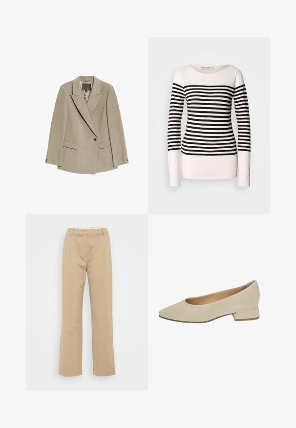 Beige enkeltknaps blazer med brede revers, to forlommer med flap og en brystlomme, der har et mønstret indvendigt fôr.; Langærmet stribet toppen med sort og hvid vandrette striber, bådudskæring og en tætsiddende silhuet. Materiale af bomuldsblanding.; Beige vidde bukser lavet af et tekstureret stof, med en mellemhøj talje, frontfolder og et strømlinet design.; Beige ruskind lavhælet pumpe med spids tå og lille blokhæl. Glat tekstur uden synlige mønstre eller dekorationer.