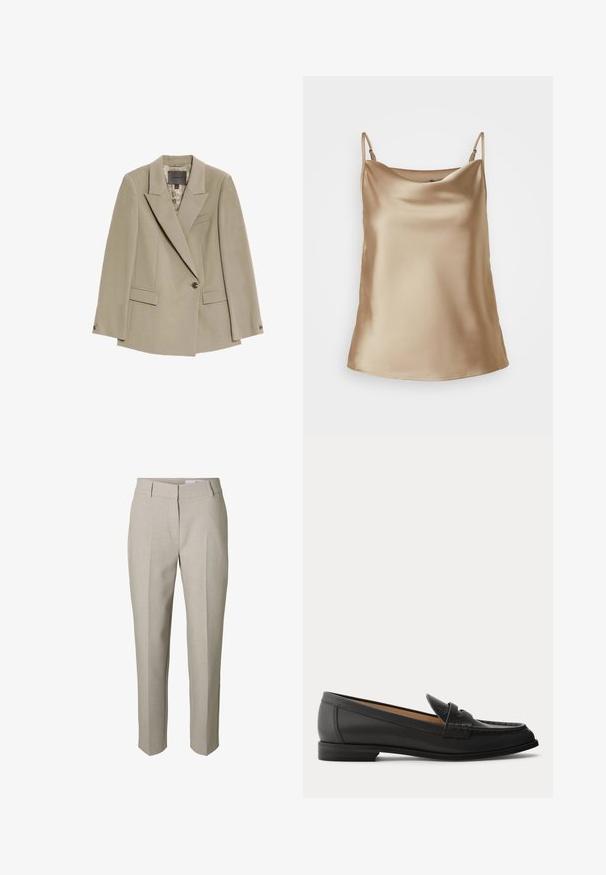 Beige enkeltknaps blazer med brede revers, to forlommer med flap og en brystlomme, der har et mønstret indvendigt fôr.; Satin top i lys beige med tynde stropper og en blødt draperet halsudskæring, der har en glat, blank overflade.; Beige skræddersyede bukser med bæltestropper, lynlås foran og pressede læg ned langs benene, vist mod en hvid baggrund.; Sort dames loafer i læder med lav hæl, rundet tå og syninger på overdelen, vist fra siden på en ensfarvet baggrund.