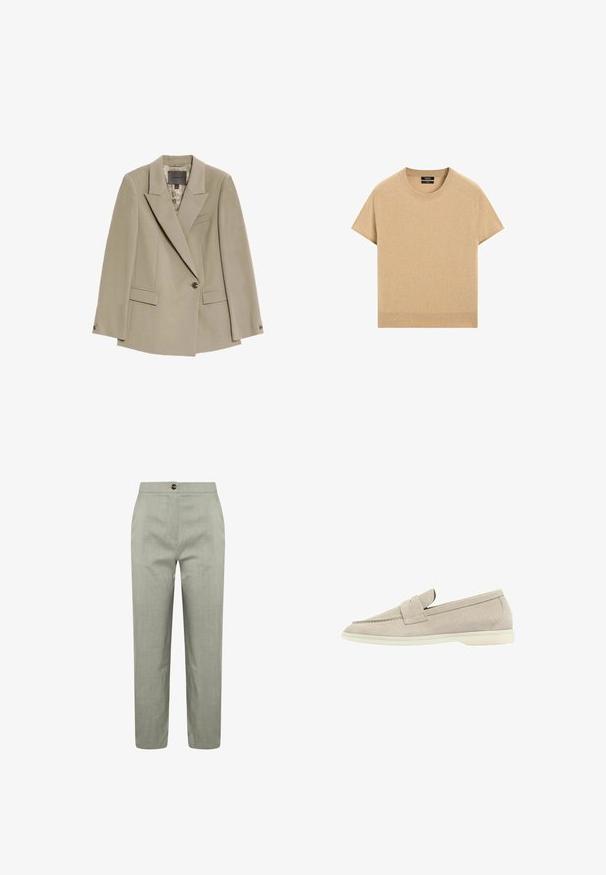 Beige enkeltknaps blazer med brede revers, to forlommer med flap og en brystlomme, der har et mønstret indvendigt fôr.; Beige kortærmet crewneck trøje med ribstrikkede manchetter og kant, vist fladt på en hvid baggrund.; Lysegrå bukser med lige snit, fremstillet af fint struktureret stof, med knaplukning og subtile pressefolder.; Lys beige suede loafers med en lav hvid sål, afrundet tå og en syet rem henover toppen.