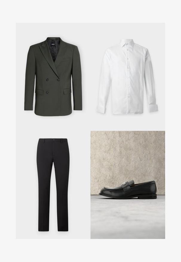 Blazer croisé vert foncé avec revers crantés, deux poches avant à rabat et quatre boutons noirs sur le devant.; Chemise blanche à manches longues avec patte de boutonnage et col, présentée à plat sur un fond clair.; Pantalon noir sur mesure avec une coupe droite, doté d'une fermeture à bouton et de passants pour ceinture. Confectionné dans un tissu lisse sans motifs apparents.; Mocassin en cuir noir avec une plaque de marque en métal reposant près d'une table ronde marron sur un sol recouvert de moquette beige.