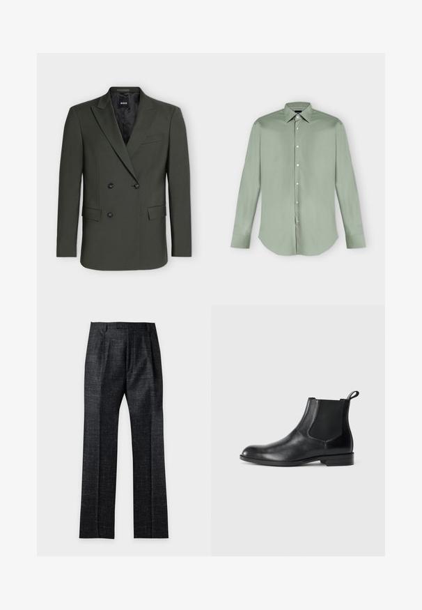 Blazer croisé vert foncé avec revers crantés, deux poches avant à rabat et quatre boutons noirs sur le devant.; Chemise vert clair à manches longues, boutonnée, avec col pointu et ourlet arrondi, présentée à plat sur fond blanc.; Pantalon habillé noir texturé à jambes droites avec passants de ceinture et plis devant sur fond blanc.; Bottine en cuir noir avec des panneaux latéraux élastiques, bout rond et tirette. Texture lisse, semelle plate, design minimaliste.