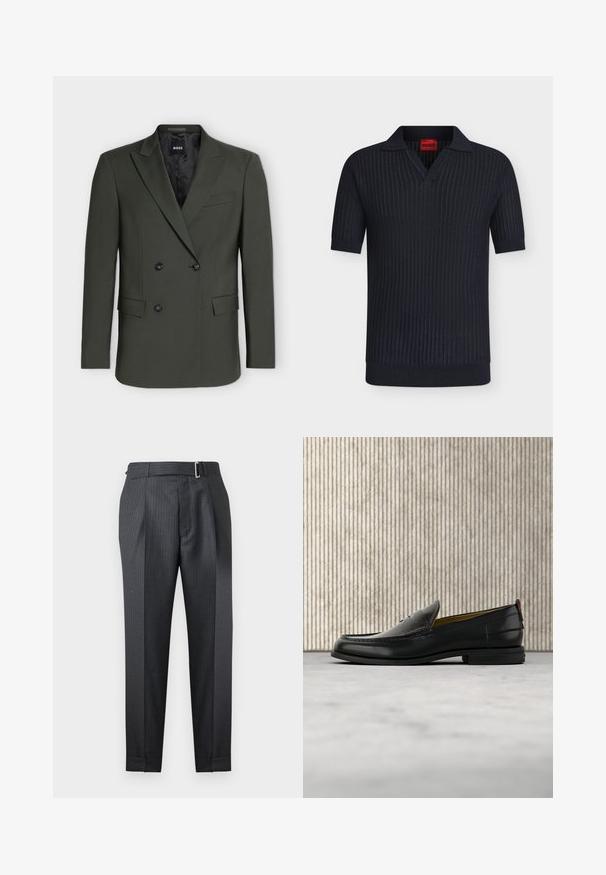 Blazer croisé vert foncé avec revers crantés, deux poches avant à rabat et quatre boutons noirs sur le devant.; Polo noir à manches courtes en maille avec texture côtelée, col en V, et étiquette rouge Hugo à l’intérieur du col.; Pantalon sur mesure gris foncé à fines rayures à chevrons avec boucle d'ajustement latérale et plis avant sur fond blanc.; Mocassin pour homme en cuir noir avec un dessus embossé effet croco et un petit talon, présenté de profil sur un fond neutre.