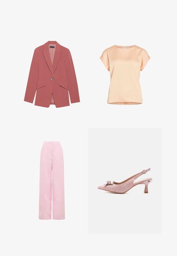 Blazer rose avec un bouton unique, revers crantés et deux poches avant. Fabriqué à partir d'un tissu lisse avec une silhouette ajustée.; Blouse femme à manches courtes de couleur pêche claire avec un col rond et des poignets de manches pliés.; Pantalon taille haute à jambes larges en tissu rose doux avec un devant lisse et une fermeture dissimulée.; Escarpin slingback en daim rose clair avec bout pointu, orné de grandes pierres précieuses transparentes et roses, et d'une bride à boucle argentée.
