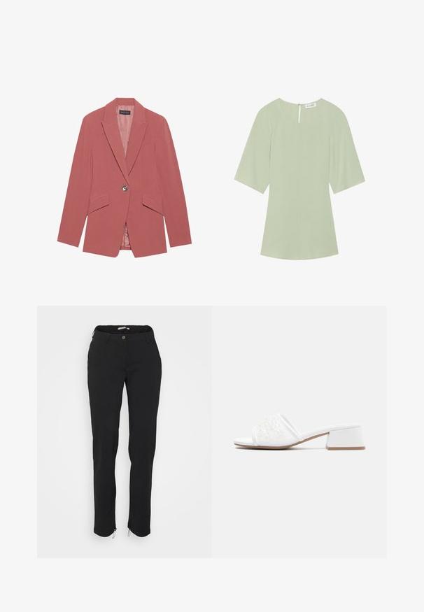 Rosa blazer med en enkelt knap, notch lapeller og to frontlommer. Lavet af et glat stof med en tætsiddende silhuet.; Lysegrøn bluse med rund halsudskæring og korte, brede ærmer. Har lukning med nøglehul bagpå og en tekstureret strikket stof.; Sorte bukser med slim fit, fremstillet af strækstof, med knaplukning og lynlåse ved anklen for justerbar pasform.; Hvide sandaler med blokhæle og bred rem med tekstureret broderi og perledekorationer. Glat materiale, firkantet tå og stabil hældesign.
