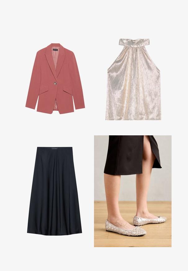 Blazer rosa con un solo botón, solapas de muesca y dos bolsillos frontales. Fabricado con una tela suave y con una silueta ajustada.; Top halter plateado brilloso con un amplio cuello, que presenta un diseño texturizado y con pliegues, además de una silueta fluida. La tela suave refleja la luz.; Falda negra, de largo hasta la rodilla, hecha de una tela ligera con un diseño fluido. Presenta una textura suave y pliegues sutiles como detalle adicional.; Bailarinas de lentejuelas beige con puntera redondeada, que presentan un lazo decorativo, combinadas con una falda negra, exhibidas sobre un suelo de madera.