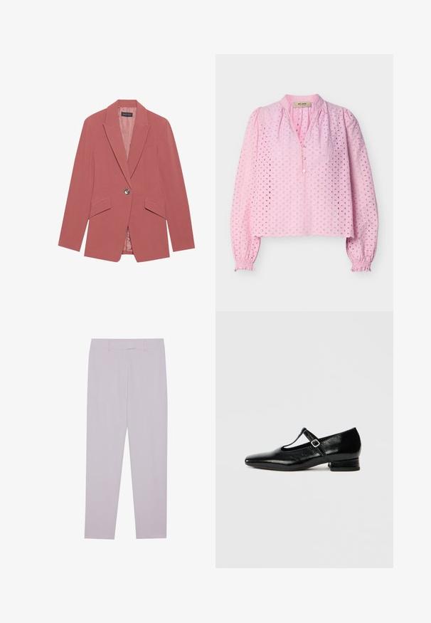 Blazer rose avec un bouton unique, revers crantés et deux poches avant. Fabriqué à partir d'un tissu lisse avec une silhouette ajustée.; Blouse à manches longues rose clair avec motif ajouré, ourlet festonné, col en V boutonné et poignets élastiqués froncés de la marque Mos Mosh.; Pantalons violet clair en tissu lisse, dotés d'une coupe ajustée, de passants de ceinture et d'une coupe droite.; Chaussures Mary Jane en cuir noir avec bout pointu, petit talon carré et bride ajustable avec une boucle argentée. Texture lisse et brillante.