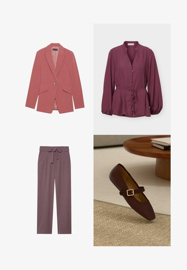 Blazer rosa con un solo botón, solapas de muesca y dos bolsillos frontales. Fabricado con una tela suave y con una silueta ajustada.; Blusa de ciruela de manga larga con cuello mandarín, botones dorados al frente y cinturón en la cintura, con un dobladillo ligeramente acampanado y puños fruncidos.; Pantalones de pierna ancha en color ciruela con cintura ceñida mediante cinturón, frente plisado y textura suave. Presenta bolsillos laterales y un diseño a medida.; Zapato plano de cuero marrón con puntera afilada y una correa decorativa con una hebilla dorada. Fondo de textura tejida en un cálido tono beige.