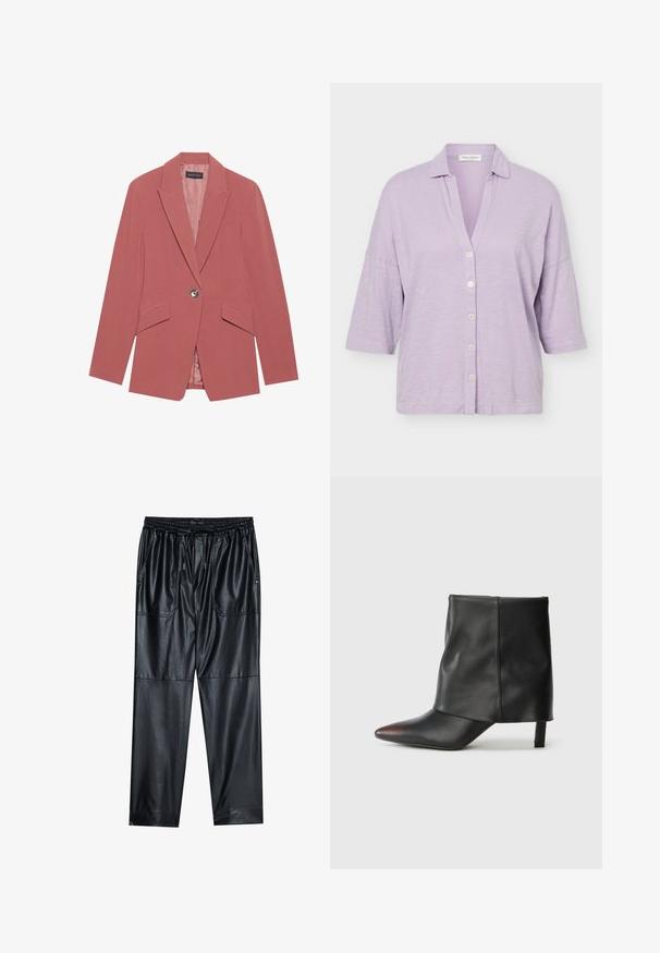 Rosa Blazer mit einem einzelnen Knopf, Reverskragen und zwei Fronttaschen. Hergestellt aus einem glatten Stoff mit einer taillierten Silhouette.; Hellviolettes Hemd zum Knöpfen mit kurzen Ärmeln und lockerem Kragen, gefertigt aus strukturiertem Stoff.; Schwarze Kunstlederhosen mit elastischem Bund, Kordelzug und zwei Vordertaschen. Mit lockerer, schmaler Passform und glatter Textur.; Schwarzer Knöchelstiefel aus glattem Leder mit spitzer Zehenpartie und schmalem Absatz. Das Obermaterial zeichnet sich durch ein leicht gerafftes Design aus.
