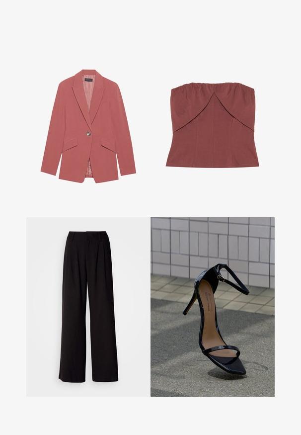 Blazer rose avec un bouton unique, revers crantés et deux poches avant. Fabriqué à partir d'un tissu lisse avec une silhouette ajustée.; Haut sans manches couleur brique avec encolure froncée, corsage ajusté et design frontal superposé. Fabriqué en tissu lisse et flexible.; Pantalon large noir en tissu lisse, avec des plis à l'avant, une taille ajustée, et sans motifs ni accents visibles.; Sandale à talons hauts en cuir verni noir avec bride à la cheville, boucle dorée et bout pointu, positionnée verticalement sur une surface de carrelage et d'asphalte.