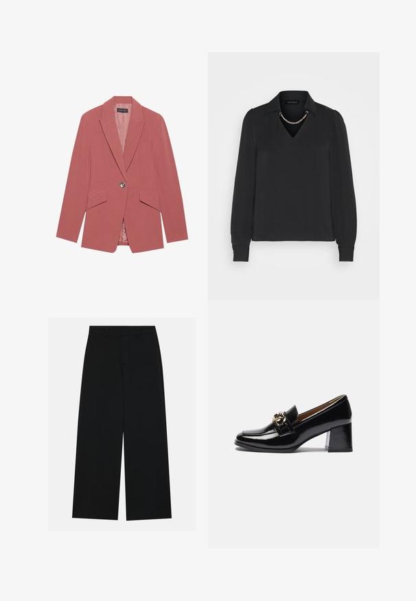 Rosa Blazer mit einem einzelnen Knopf, Reverskragen und zwei Fronttaschen. Hergestellt aus einem glatten Stoff mit einer taillierten Silhouette.; Schwarze Bluse mit langen Ärmeln, V-Ausschnitt, Kragen und Puffärmeln. Mit einer Kettenakzentuierung am Ausschnitt und glatter Stofftextur.; Schwarzweite Hosen mit weitem Bein aus glattem Stoff. Besitzt einen flachen Bund mit Gürtelschlaufen und ohne sichtbare Taschen. Schlichtes Design.; Schwarze Lacklederschuhe mit Absatz, runder Zehenpartie, kräftigerem Absatz und einem goldfarbenen Hardware-Akzent auf dem vorderen Riemen.