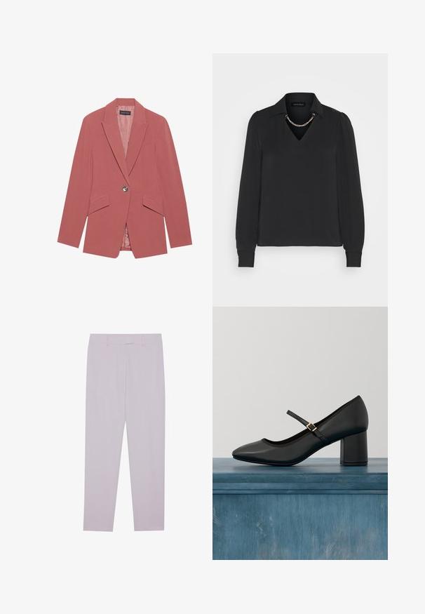 Roze blazer met een enkele knoop, notch revers en twee voorzakken. Gemaakt van een gladde stof met een getailleerde silhouet.; Zwarte blouse met lange mouwen, een V-hals, kraag en opgeblazen mouwen. Voorzien van een kettingaccent bij de halslijn en een gladde stofstructuur.; Licht paarse broeken van soepel materiaal, met een getailleerde pasvorm, riemlussen en een recht silhouet.; Zwarte Mary Jane-schoen met blokhak en gouden gesp, zwevend boven een gladde betonnen vloer in een minimalistische binnenomgeving.
