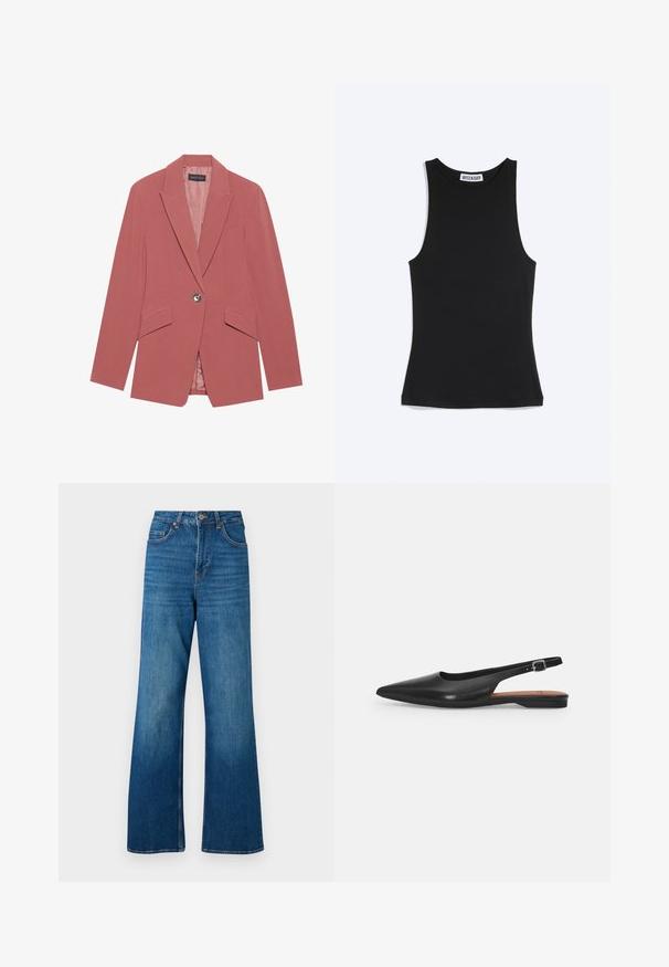 Rosa blazer med en enkelt knap, notch lapeller og to frontlommer. Lavet af et glat stof med en tætsiddende silhuet.; Sort ærmeløs tætsiddende top med rund halsudskæring og Weekday-brandlabel bag på kraven, på hvid baggrund.; Bredde ben blå denim jeans med høj talje, lys falmning og klassisk fem-lomme design; har guldfarvet metal hardware og stikninger i kanten.; Sorte læder slingback sko med spidse tæer, subtil glans og justerbar ankelrem. Flad hæl med en brun indersål.