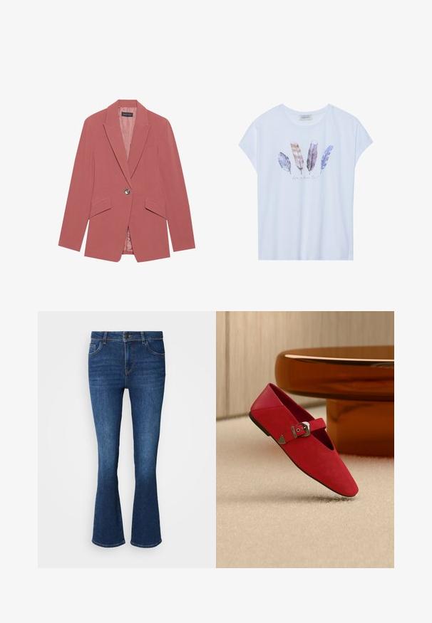 Blazer rosa con un solo botón, solapas de muesca y dos bolsillos frontales. Fabricado con una tela suave y con una silueta ajustada.; Camiseta blanca de manga corta con un gráfico de plumas coloridas y el texto "la vida es hermosa" en una suave fuente cursiva.; Vaqueros de mezclilla azul acampanados con cintura alta, que cuentan con cinco bolsillos, cierre de botón y costuras en contraste a lo largo de las costuras.; Zapato plano rojo con punta puntiaguda y correa con hebilla plateada, colocado sobre una alfombra beige cerca de una mesa redonda marrón.