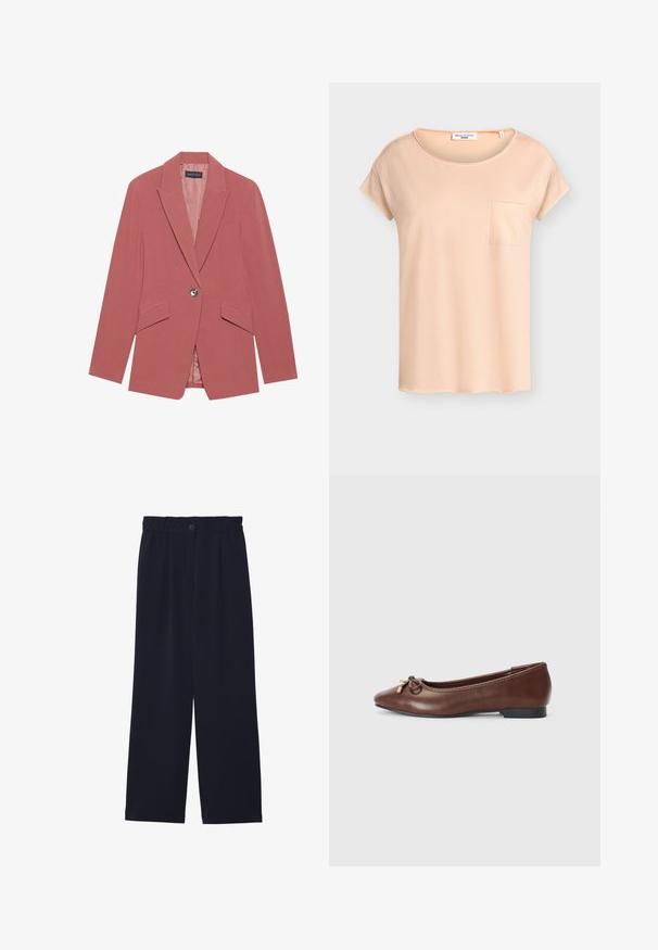 Blazer rosa con un solo botón, solapas de muesca y dos bolsillos frontales. Fabricado con una tela suave y con una silueta ajustada.; Camiseta de manga corta color durazno claro con cuello redondo y pequeño bolsillo en el pecho, mostrada sobre un fondo liso.; Pantalones de pierna ancha en azul marino con una textura suave, cintura elástica, un pliegue frontal y un cierre de botón en la cintura.; Bailarina de cuero marrón con punta redonda, pequeño tacón negro y un lazo decorativo con detalles dorados en la parte frontal. Textura suave.