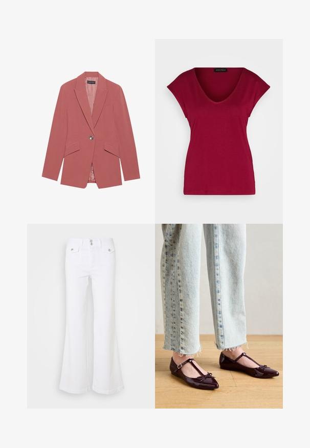 Blazer rosa con un solo botón, solapas de muesca y dos bolsillos frontales. Fabricado con una tela suave y con una silueta ajustada.; Camiseta burdeos de cuello en V con mangas cortas, hecha de tejido suave, con un corte relajado y una textura lisa. Etiqueta en el escote.; Pantalones vaqueros de campana blancos, confeccionados en denim, con una cintura alta, dos bolsillos frontales y detalles de botones plateados sobre un fondo liso.; Zapatillas de ballet brillantes en color burdeos con tira en T y detalle de lazo en la punta. Combinadas con vaqueros de mezclilla azul claro y corte cropped.