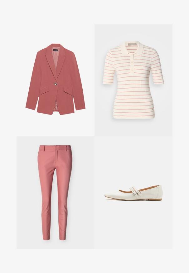 Rosa Blazer mit einem einzelnen Knopf, Reverskragen und zwei Fronttaschen. Hergestellt aus einem glatten Stoff mit einer taillierten Silhouette.; Ripp-Poloshirt in Creme mit rosa Streifen, kurzen Ärmeln, gewelltem Kragen und einer Knopfleiste mit drei Knöpfen. Kleines Logo-Detail am Saum.; Schmal geschnittene, knöchellange Hose in gedämpftem Rosa mit Gürtelschlaufen und verdecktem Frontverschluss.; Weiße Lacklederschuhe mit spitzem Zehen, zwei dekorativen Riemen mit silbernen Schnallen und einer dezenten braunen Sohle.