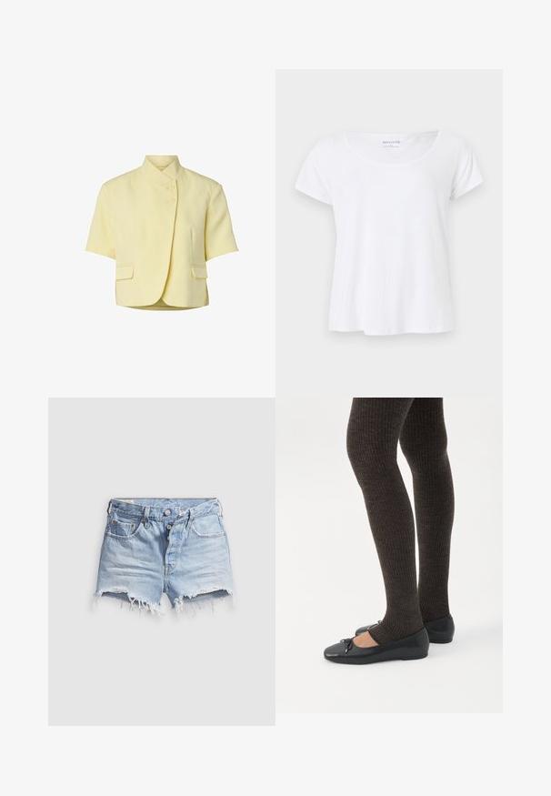 Veste jaune pâle à manches courtes avec col montant, deux boutons sur le devant et deux poches à rabat à la taille.; T-shirt blanc à manches courtes avec col dégagé, taille petite, design simple, présenté sur un fond gris clair.; Shorts en denim bleu clair avec bords effilochés, cinq poches et fermeture à boutons. La texture est douce avec un aspect légèrement usé.; Jambes portant des leggings côtelés foncés associés à des ballerines noires avec de petits détails en nœud sur fond blanc.
