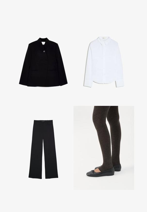 Sort skræddersyet blazer med frontknaplukning, skarp krave og to sidelommer. Stoffet har en glat tekstur og en struktureret design.; Hvid skjorte med lange ærmer, knapper, krave og manchetter, svagt buet kant, vist på en ensfarvet hvid baggrund.; Sorte bukser med vide ben med knap- og lynlåslukning, bæltestropper og en glat, skræddersyet finish.; Ben iført mørke ribbede leggings kombineret med sorte balletsko med små sløjfedetaljer på hvid baggrund.