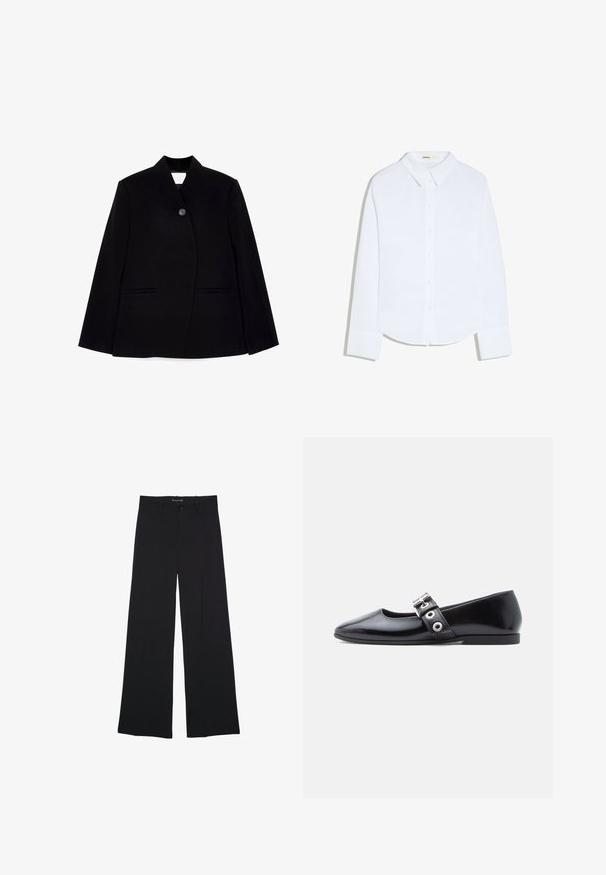 Sort skræddersyet blazer med frontknaplukning, skarp krave og to sidelommer. Stoffet har en glat tekstur og en struktureret design.; Hvid skjorte med lange ærmer, knapper, krave og manchetter, svagt buet kant, vist på en ensfarvet hvid baggrund.; Sorte bukser med vide ben med knap- og lynlåslukning, bæltestropper og en glat, skræddersyet finish.; Sort laklæder flad sko med firkantet tå, sidespænde detalje og en lav, rund hæl. Glat tekstur og minimalistisk design.
