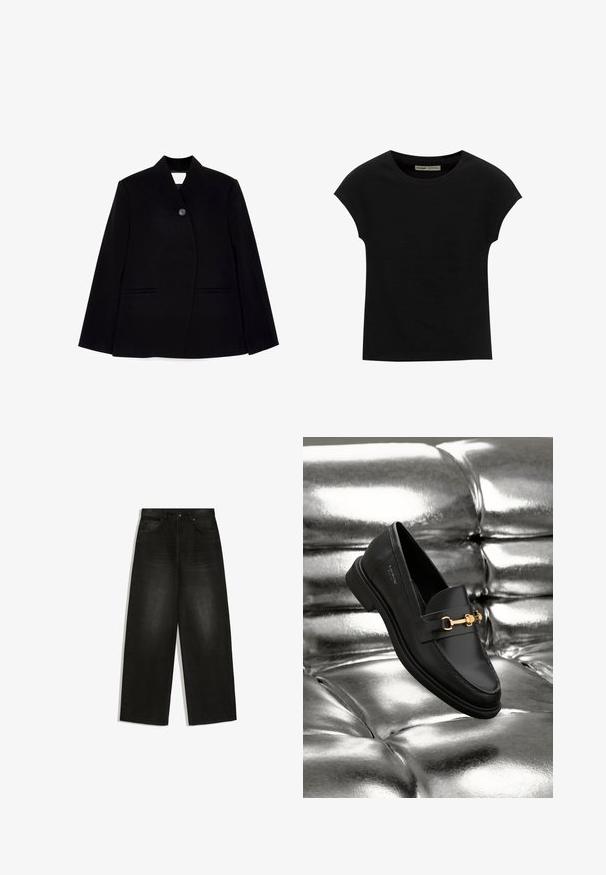Sort skræddersyet blazer med frontknaplukning, skarp krave og to sidelommer. Stoffet har en glat tekstur og en struktureret design.; Sort T-shirt med korte ærmer og rund halsudskæring. Fremstillet af glat, elastisk bomuldsstof. Simpelt design uden mønstre eller grafik.; Høj talje sorte vidde jeans med forlommer, bæltestropper og knaplukning, vist fladt på hvid baggrund.; Sorte læder loafers med en guldfarvet hardware detalje. Skoen har et elegant design og en glat, skinnende overflade.