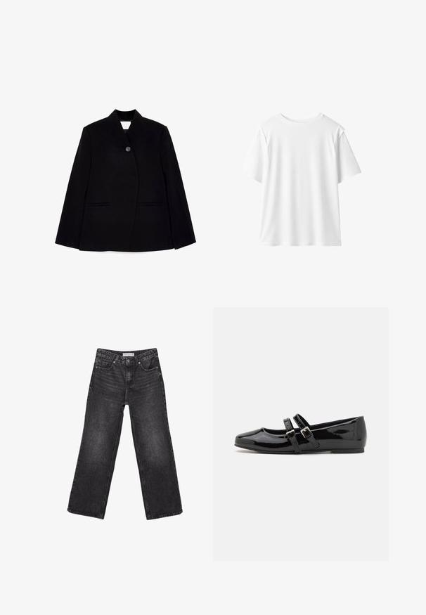 Sort skræddersyet blazer med frontknaplukning, skarp krave og to sidelommer. Stoffet har en glat tekstur og en struktureret design.; Enkel hvid T-shirt med korte ærmer og rund hals med en afslappet pasform, vist på en hvid baggrund.; Sorte jeans med vide ben, forlommer og knaplukning, størrelsesmærke 38 synligt på taljen.; Sorte lakerede sko med firkantet tå, der har to justerbare spænder over midtfoden og en flad, lav profil sål.