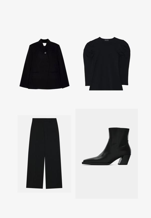 Sort skræddersyet blazer med frontknaplukning, skarp krave og to sidelommer. Stoffet har en glat tekstur og en struktureret design.; Sort langærmet top lavet af blødt materiale med rund hals, pufærmer og afslappet pasform. Minimalistisk design uden mønstre eller detaljer.; Breddebenede sorte bukser lavet af et glat stof. Har en flad talje med bæltestropper og ingen synlige lommer. Simpelt design.; Sortlæder ankelstøvle med spids tå, en slank silhuet og en kraftig firkantet hæl. Glat tekstur med minimale stikninger.