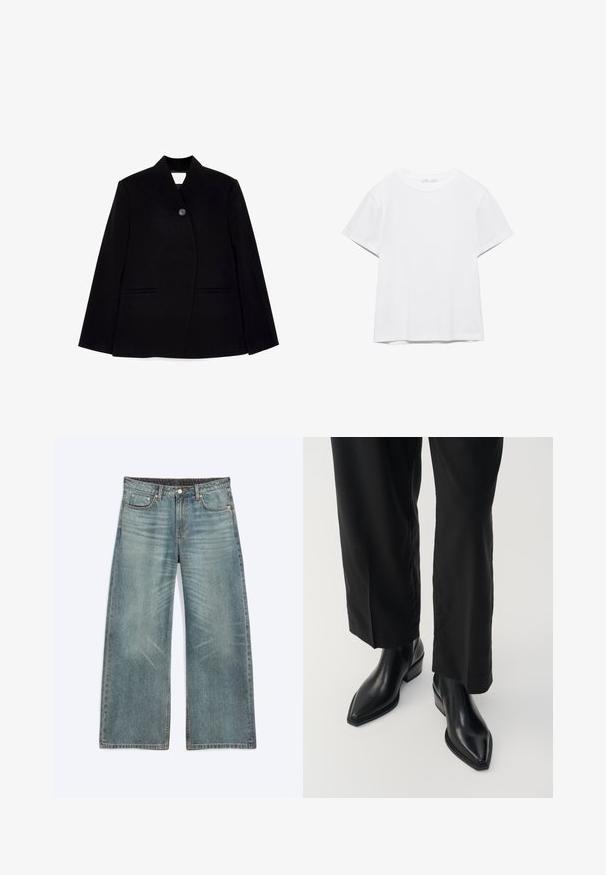 Sort skræddersyet blazer med frontknaplukning, skarp krave og to sidelommer. Stoffet har en glat tekstur og en struktureret design.; Hvid, kortærmet T-shirt med rund hals og lige kant, vist på en hvid baggrund.; Blå vidde jeans med forlommer, bæltestropper, knaplukning og subtile falmede detaljer på lår og knæ.; Sorte læder ankelstøvler med spids tå, glat tekstur og firkantet hæl. Kombinationen med sorte, vide bukser skaber en slank silhuet.