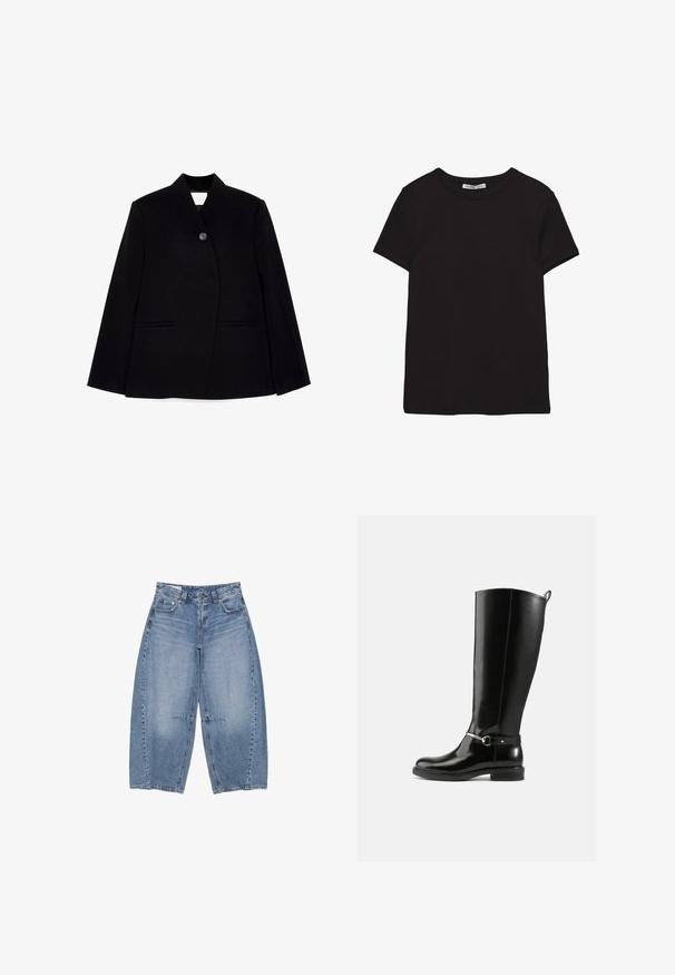 Sort skræddersyet blazer med frontknaplukning, skarp krave og to sidelommer. Stoffet har en glat tekstur og en struktureret design.; Sort kortærmet t-shirt i bomuld med rund halsudskæring, standard pasform og synlig indvendig halsmærkat.; Bredbenede blå cowboybukser med forlommer, bæltestropper og lukning med knap og lynlås, lagt fladt på en hvid baggrund.; Sorte knæhøje støvler lavet af blankt læder med en sølvfarvet spænde ved anklen og rundet snude. Flad sål.