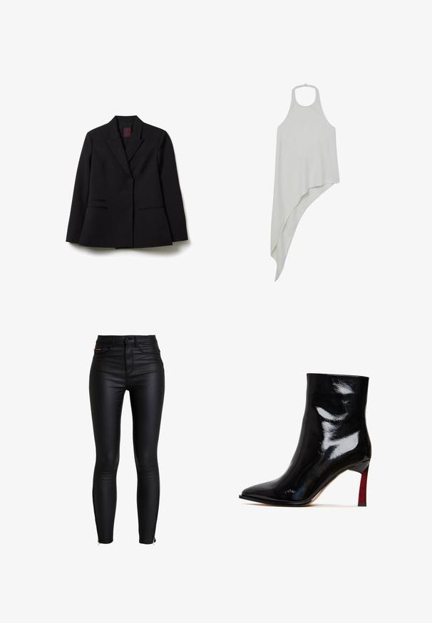 Blazer negro ajustado con solapas en forma de muesca, mangas largas y dos bolsillos delanteros tipo welt, dispuesto sobre un fondo blanco.; Top asimétrico sin mangas de color gris claro con cuello halter y un dobladillo drapeado y angular que cae más largo en un lado.; ONLY Pantalones - black; Botín de piel sintética negra con punta fina y un acento rojo en el tacón de aguja. Textura lisa y diseño elegante.