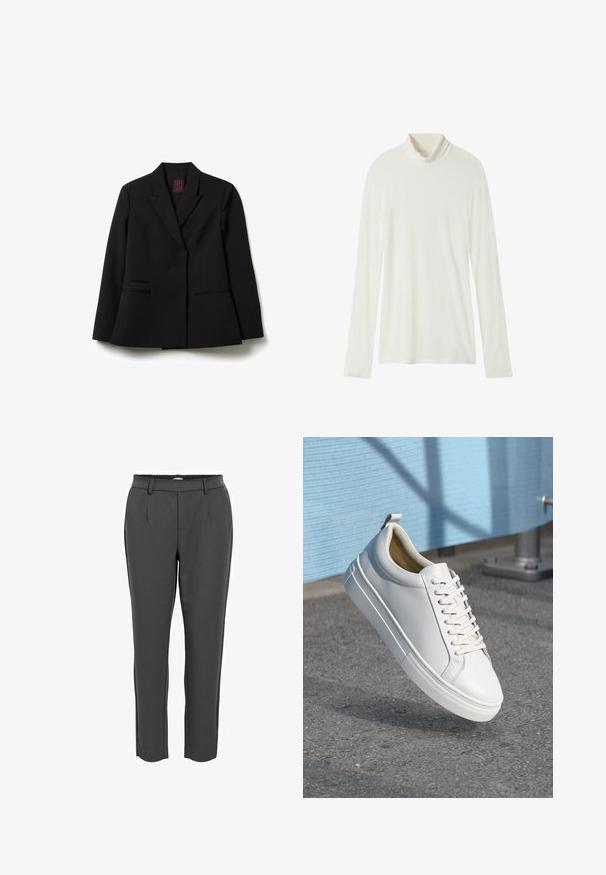 Blazer negro ajustado con solapas en forma de muesca, mangas largas y dos bolsillos delanteros tipo welt, dispuesto sobre un fondo blanco.; Camiseta de manga larga tipo cuello alto en blanco, hecha de una tela suave. Presenta un collar alto y una silueta fluida. Sin patrones ni acentos visibles.; Pantalones oscuros de corte ajustado con una textura suave, que cuentan con una cinturilla elástica, dos pliegues frontales y un diseño de longitud hasta el tobillo.; Zapatilla de cuero blanca con cordones planos, punta redondeada, suela de goma y una pequeña lengüeta en el talón. Textura suave con detalles de diseño mínimos.