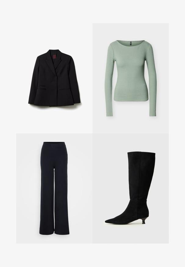 Schwarzer taillierter Blazer mit Reverskragen, langen Ärmeln und zwei aufgesetzten Taschen vorne, flach auf weißem Hintergrund ausgelegt.; Hellgrünes, geripptes, langärmeliges, figurbetontes Oberteil mit rundem Ausschnitt, dargestellt vor einem schlichten weißen Hintergrund.; Schwarze, gerippte, weite Hosen mit strukturiertem Finish und elastischem Bund, die einen entspannten Schnitt ohne sichtbare Beschläge bieten.; Schwarze kniehohe Stiefel aus Wildleder, spitze Zehen, kleiner Kitten-Heel, glatte Textur und nahtloses Design mit engem Schaft.