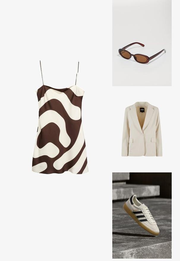 Creamfarvet blazer med én knap, revet revers og to klaplommer, mærket Urban Classics, størrelse XS.; Sømløs kjole med tynde stropper, der har et dristigt, abstrakt brunt og hvidt bølget mønster, glat stof og en let udvidet kant.; Hvid Adidas Spezial sneaker med sorte striber og gummisål, svævende over grå stentrin udendørs.; Runde, bruntonede solbriller med en glansfuld bordeauxramme. Slanke arme med diskret brandingdetalje. Flad linsedesign.